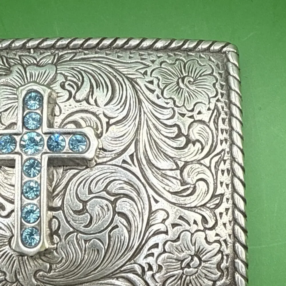 Nocona Womens Silver Tone Belt Buckle Blue Rhinestone Cross Floral Western Rodeo